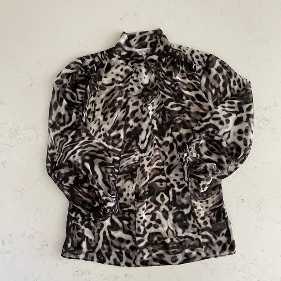 Jennifer Lopez Pull On Sheer 3/4 Sleeve Animal Print Blouse Black Grey Sz S - Picture 10 of 15